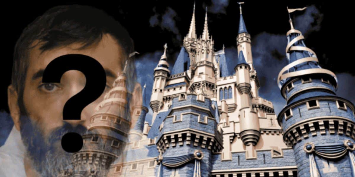 A man with a beard and a large question mark over his face is partially visible on the left side of the image. The background features a digitally created castle with tall spires, resembling a fairytale structure. In small text, the name Madeline Soto appears near the death penalty protest banners hanging from one of the towers.