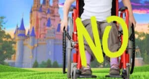 A child in a red wheelchair is positioned in front of a fairy-tale-like castle. The word "NO" is prominently written over the image in bold yellow letters. The background features a vibrant sky with warm hues and green grass.