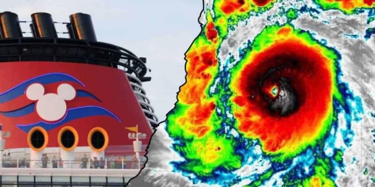 A large cruise ship with the Disney logo on its funnel is seen on the left. To the right, a satellite image displays a colorful and intense weather system, likely a hurricane, with a well-defined eye at the center.