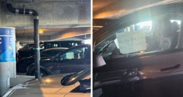 Two images of a parked car in a parking garage at Disney Parks. The first image shows several cars and a column with a sign indicating "57C." The second image shows the front seat of a car with a sign taped to the window that reads, "Don't worry, the dog made it out in 2022.