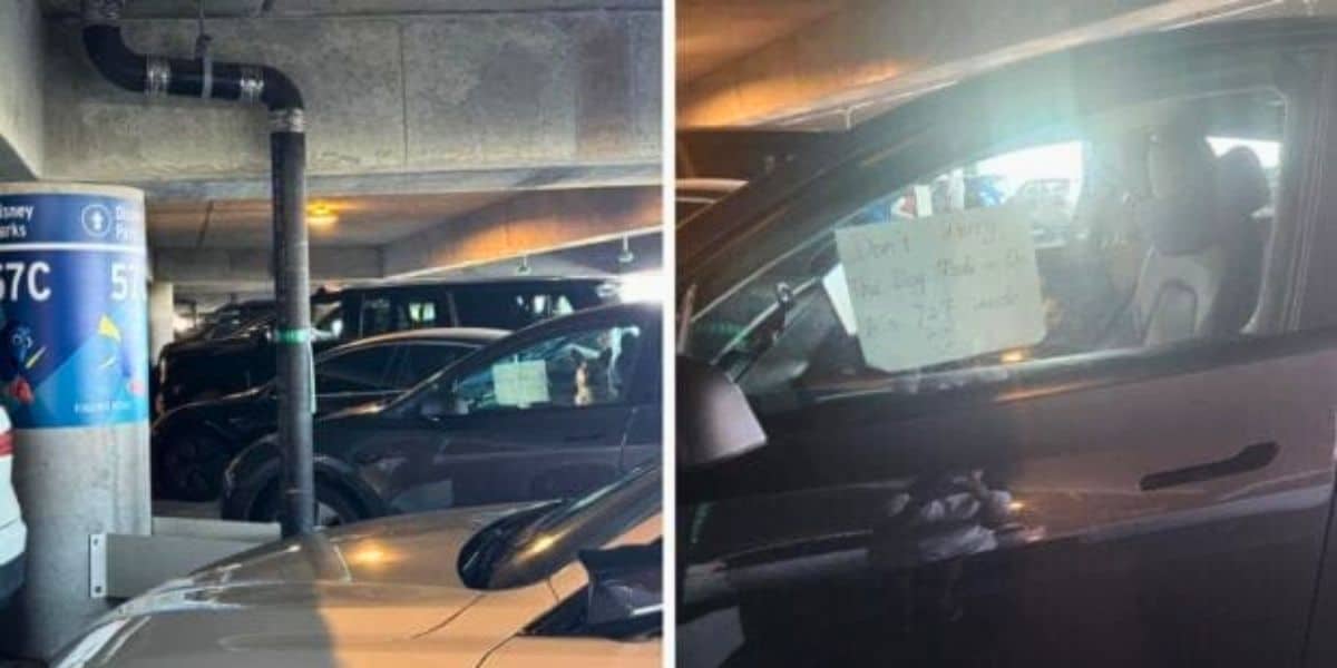 Two images of a parked car in a parking garage at Disney Parks. The first image shows several cars and a column with a sign indicating "57C." The second image shows the front seat of a car with a sign taped to the window that reads, "Don't worry, the dog made it out in 2022.