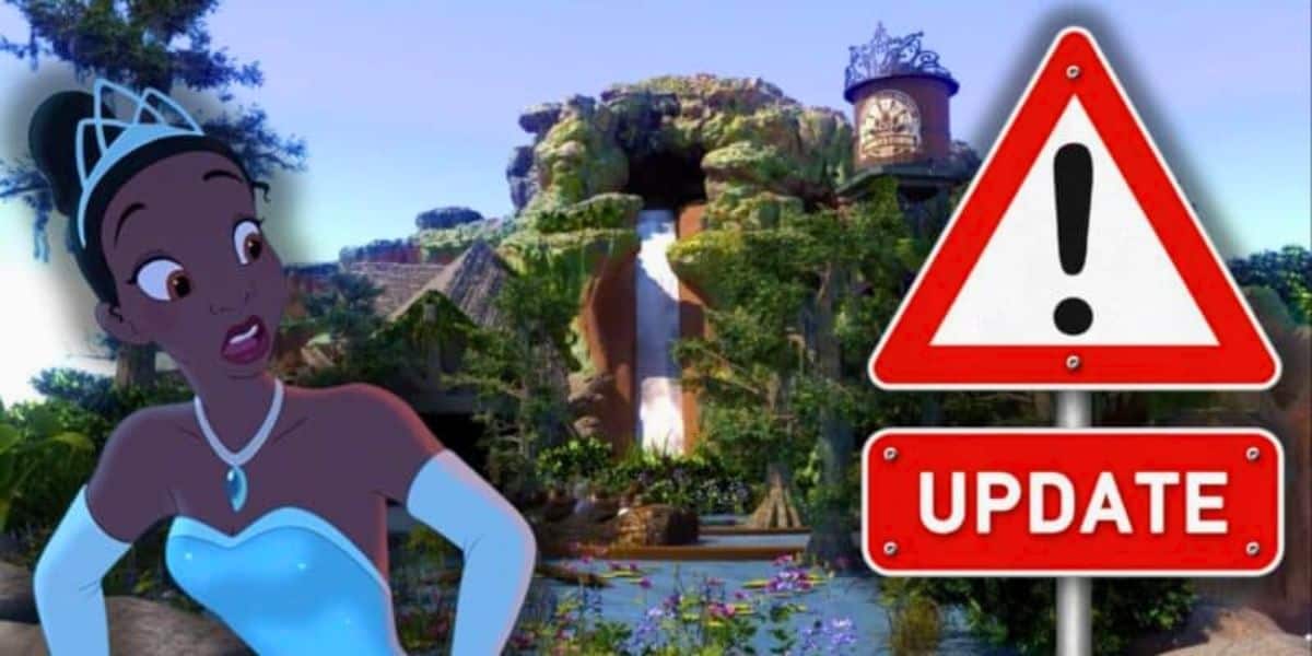 Tiana looking stunned with a update sign at Magic Kingdom for Tiana's Bayou Adventure at Disney World.