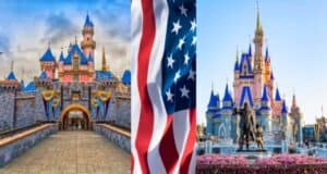 An image collage features Disneyland's Sleeping Beauty Castle, an American flag at the center, and Disney World's Cinderella Castle with a statue of Walt Disney and Mickey Mouse in the foreground. These iconic Disney structures showcase quaint architectural designs that capture the magic of imagination.
