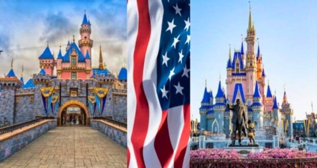 An image collage features Disneyland's Sleeping Beauty Castle, an American flag at the center, and Disney World's Cinderella Castle with a statue of Walt Disney and Mickey Mouse in the foreground. These iconic Disney structures showcase quaint architectural designs that capture the magic of imagination.