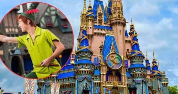 An exuberant person dressed as Peter Pan, in a green costume with a red feather in their hat, is featured in a circular inset on the left side of the image. The main background showcases a grand, colorful castle with golden accents under a clear sky at Disney Park.