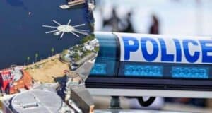 A split image shows an aerial view of a waterfront area with a circular pier and nearby buildings on the left, and a close-up of a police car's flashing lights with the word "POLICE" on the right. The bright scene almost feels like stepping into a Disney movie where action meets tranquility.