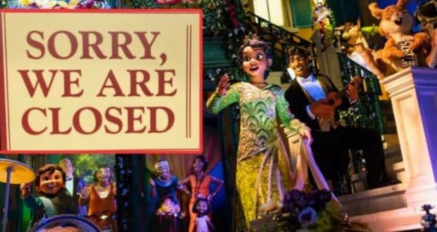 An image shows a "SORRY, WE ARE CLOSED" sign in large, bold letters on the left side. In the background, colorful animated characters from Disney's Tiana's Bayou Adventure celebrate and play musical instruments in a lively, festive environment.