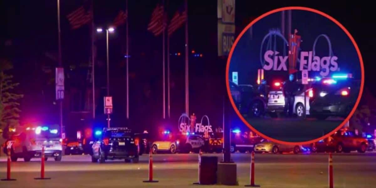 A night scene shows multiple police cars with flashing lights in a Six Flags parking lot. Inset, the Six Flags sign is illuminated, and several police vehicles are present, highlighting a significant police investigation at the amusement park.