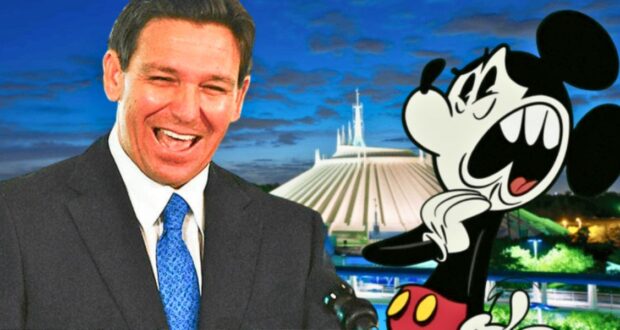 Disney and DeSantis, laughing while Mickey Mouse looks scared, in front of Space Mountain at Walt Disney World Resort. The DeSantis Disney battle.