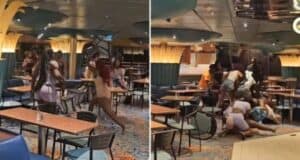 Two images depict a wild fight in a restaurant, with chaos erupting as people physically clash. In the left image, one person hoists a chair to strike another. The right image shows multiple individuals brawling on the floor, leaving furniture scattered from the altercation.