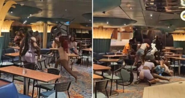 Two images depict a wild fight in a restaurant, with chaos erupting as people physically clash. In the left image, one person hoists a chair to strike another. The right image shows multiple individuals brawling on the floor, leaving furniture scattered from the altercation.