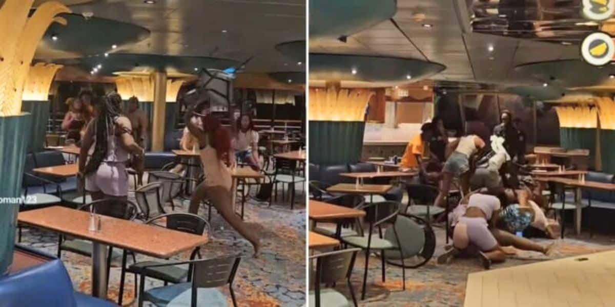 Two images depict a wild fight in a restaurant, with chaos erupting as people physically clash. In the left image, one person hoists a chair to strike another. The right image shows multiple individuals brawling on the floor, leaving furniture scattered from the altercation.