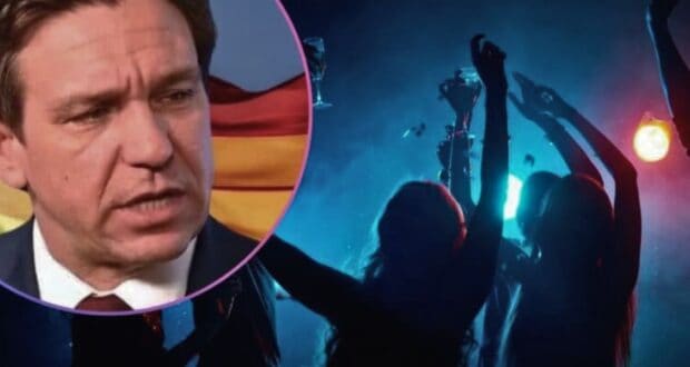 Ron DeSantis superimposed against a party scene.