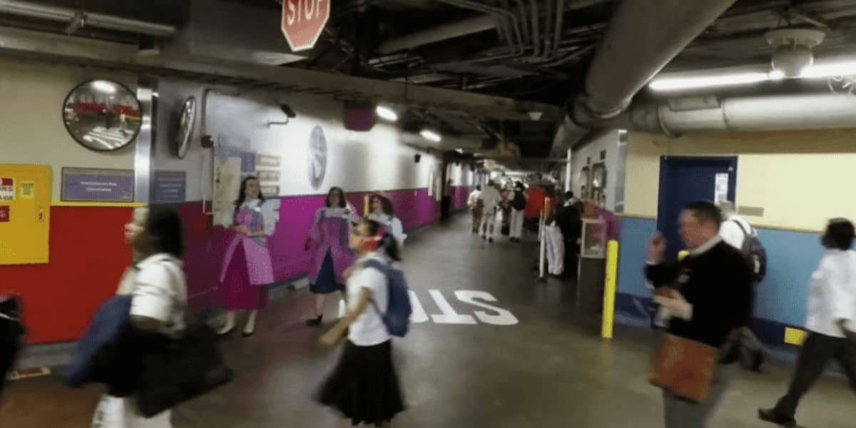 A bustling underground utilidor with a colorful mural and structural pipes overhead. People in a mix of professional and casual attire walk through the space, while a few individuals in uniform stand against the wall. A large "STOP" sign is visible on the floor.