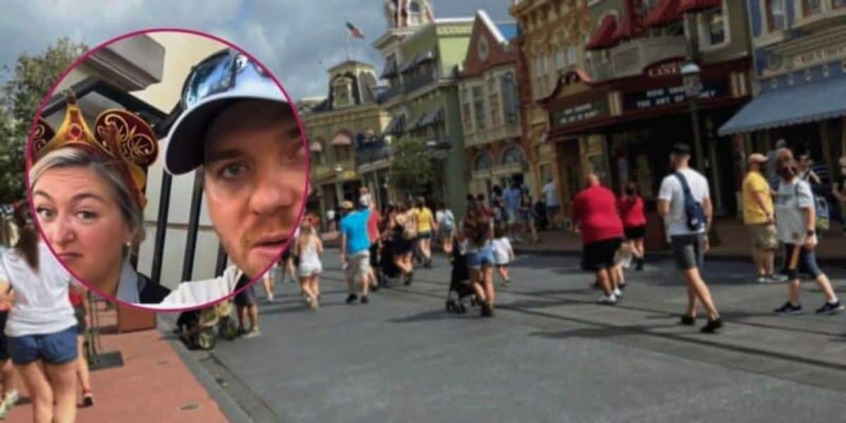 A couple complaining about customer service at Disney World pictured next to Main Street, U.S.A.