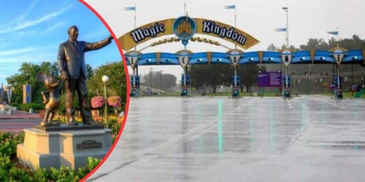 A split image shows a statue of a man holding hands with a mouse character outside Magic Kingdom on the left, and a view of the entrance gate of Magic Kingdom, Disney World, with the text "Magic Kingdom" overhead, on the right. The ground appears wet from rain.