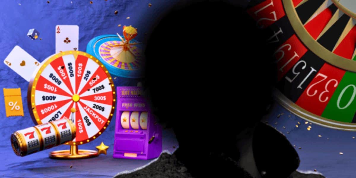 A silhouette of a person stands in front of a colorful casino-themed background. The backdrop features a large prize wheel with monetary amounts, spinning slot machine reels, playing cards, and a roulette wheel. The scene is vibrant with a festive gambling atmosphere.