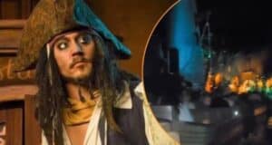 Left: Jack Sparrow animatronic. Right: Pirates of the Caribbean not operating, guests stuck on board the ride.