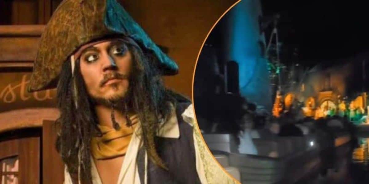 Left: Jack Sparrow animatronic. Right: Pirates of the Caribbean not operating, guests stuck on board the ride.