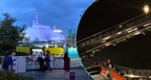 Left: Tomorrowland Speedway with Space Mountain in the background. Right: A train stuck on space mountain at Disneyland with the lights on.