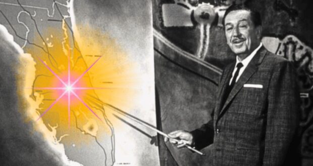 A person in a suit points to a large map on a wall with a stick. The map shows a burst of light at a location in Florida. The background includes more detailed maps or plans. The person appears to be explaining or presenting the map.