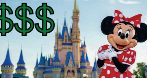 A person dressed as Minnie Mouse, a character in a red polka dot dress, stands in front of a castle with blue spires. Three large green dollar signs ($$$) are prominently displayed to the left. The sky is clear and blue.