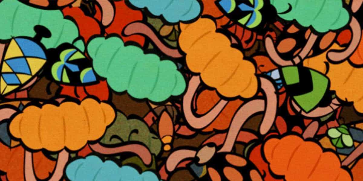 A vibrant, cartoon-like illustration featuring colorful carrots, lively earthworms, and buzzing bees. The carrots are orange and green, the worms are pink, and the bees display blue and yellow stripes, all set against a playful, abstract background.