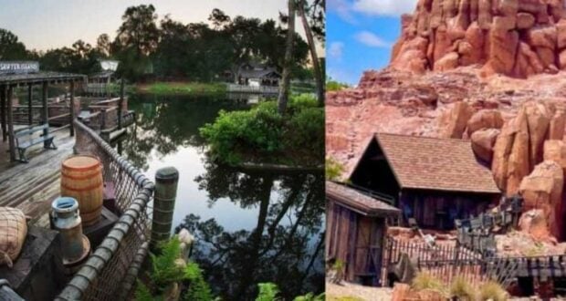 A split-image of an amusement park. The left side shows a river with a wooden dock, barrels, and greenery. The right side features a desert scene with red rock formations, a rustic wooden building, and a fence.