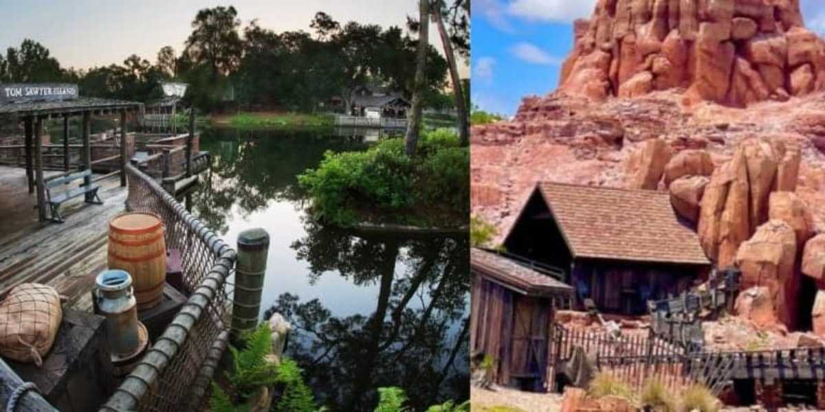 A split-image of an amusement park. The left side shows a river with a wooden dock, barrels, and greenery. The right side features a desert scene with red rock formations, a rustic wooden building, and a fence.