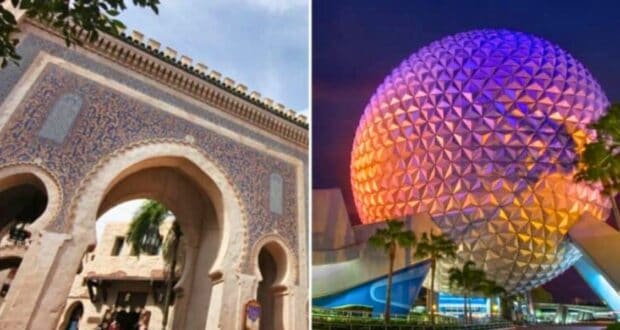 Left - Morocco Pavilion / Right- Spaceship Earth at night