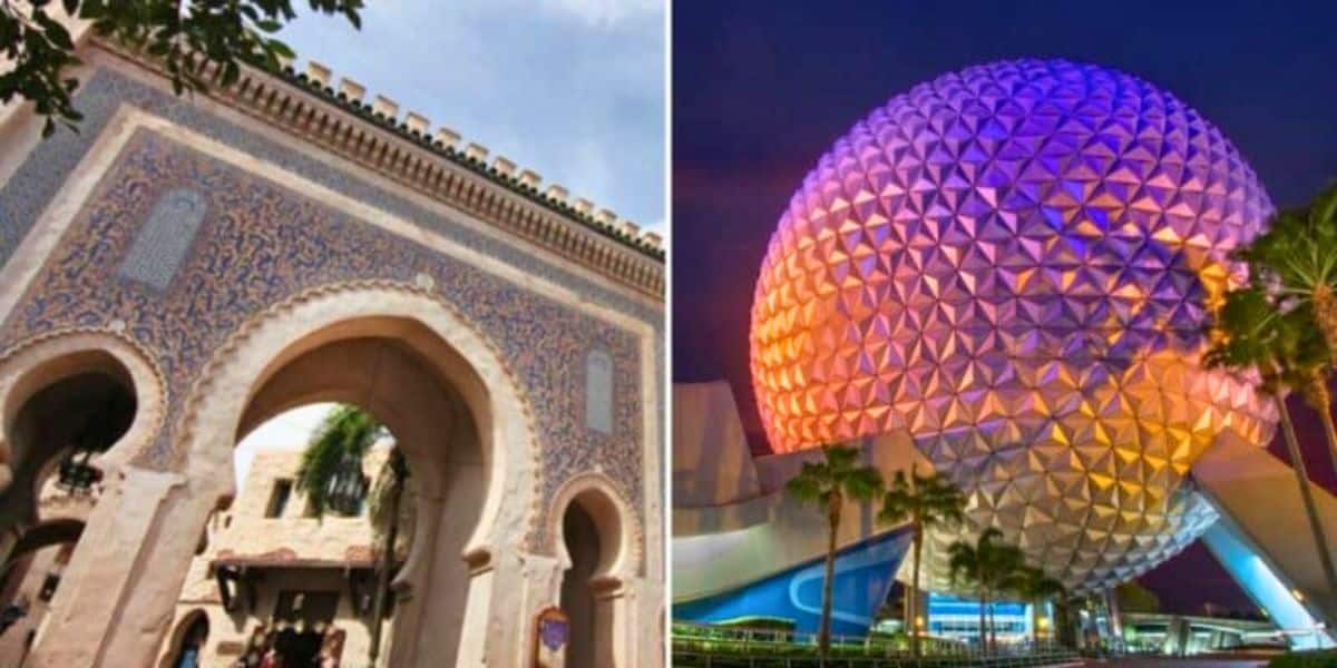 Left - Morocco Pavilion / Right- Spaceship Earth at night