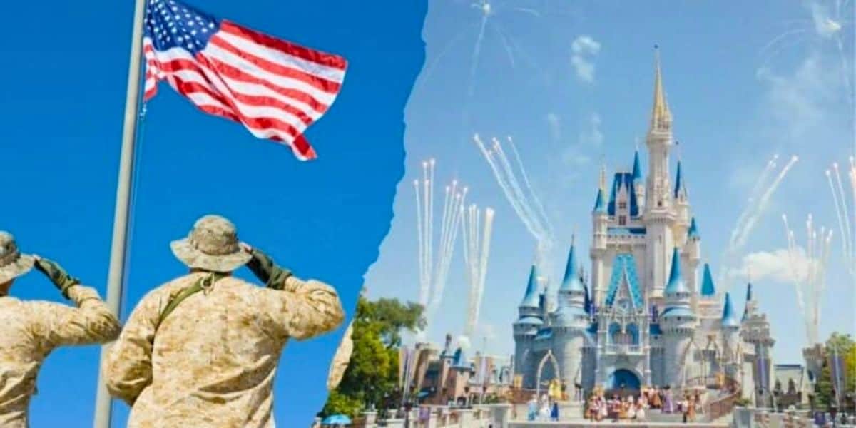 Split image with two contrasting scenes: On the left, two soldiers in camouflage uniform salute the American flag under a clear blue sky. On the right, a magical Disney castle in a theme park, with fireworks exploding in the sky above it and visitors walking around.