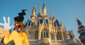 A cartoon character with exaggerated features and an angry expression stands in front of an ornate castle with blue and gold spires under a clear sky. The scene feels like a blend of a goofy movie's charm and Disney World's whimsical fairy tale architecture.