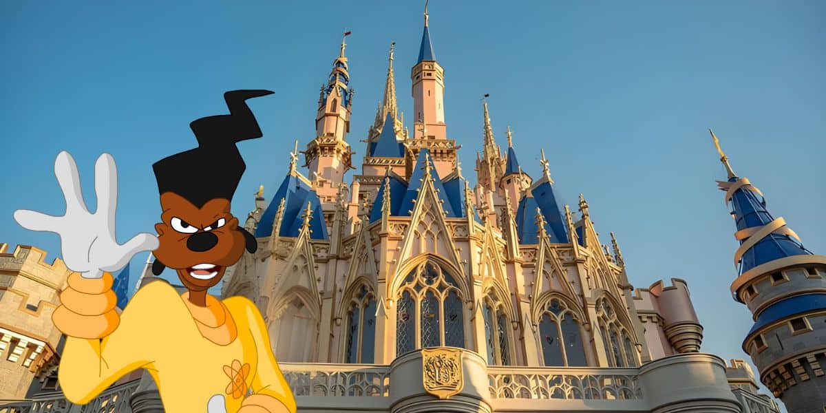 A cartoon character with exaggerated features and an angry expression stands in front of an ornate castle with blue and gold spires under a clear sky. The scene feels like a blend of a goofy movie's charm and Disney World's whimsical fairy tale architecture.