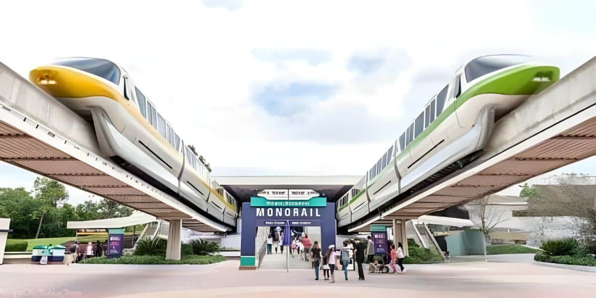 A scene with two monorail trains—one yellow and one green—passing by on elevated tracks at Disney Transportation and Ticket Center. Below, several people are entering the entrance marked "MONORAIL." Some trees and signage are visible around the area, with a partly cloudy sky above.
