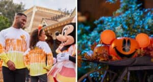 A family wearing Halloween-themed shirts interacts with Minnie Mouse at an amusement park on the left. On the right, a pumpkin decoration shaped like Mickey Mouse's head sits in a cart amidst festive autumnal decorations.