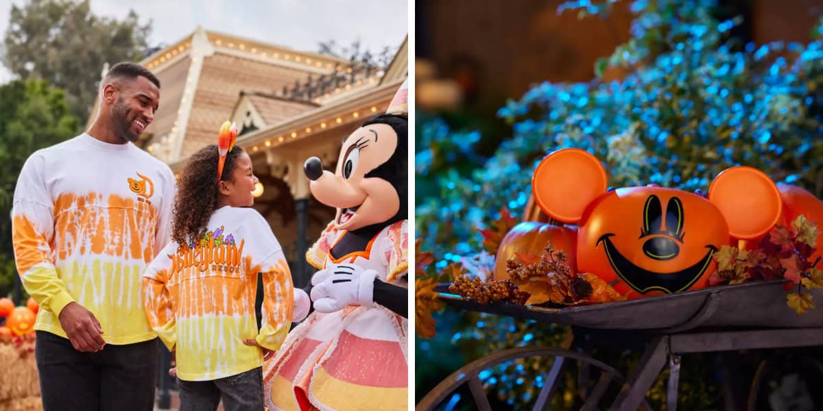 A family wearing Halloween-themed shirts interacts with Minnie Mouse at an amusement park on the left. On the right, a pumpkin decoration shaped like Mickey Mouse's head sits in a cart amidst festive autumnal decorations.