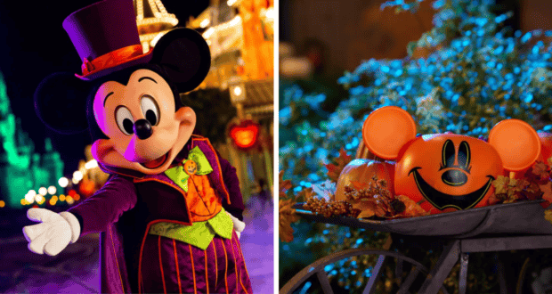 Two-part image: Left shows a costumed character resembling a mouse wearing a top hat and Halloween outfit in a brightly lit area; right shows a pumpkin carved with the same character's face, placed on a cart surrounded by fall foliage.