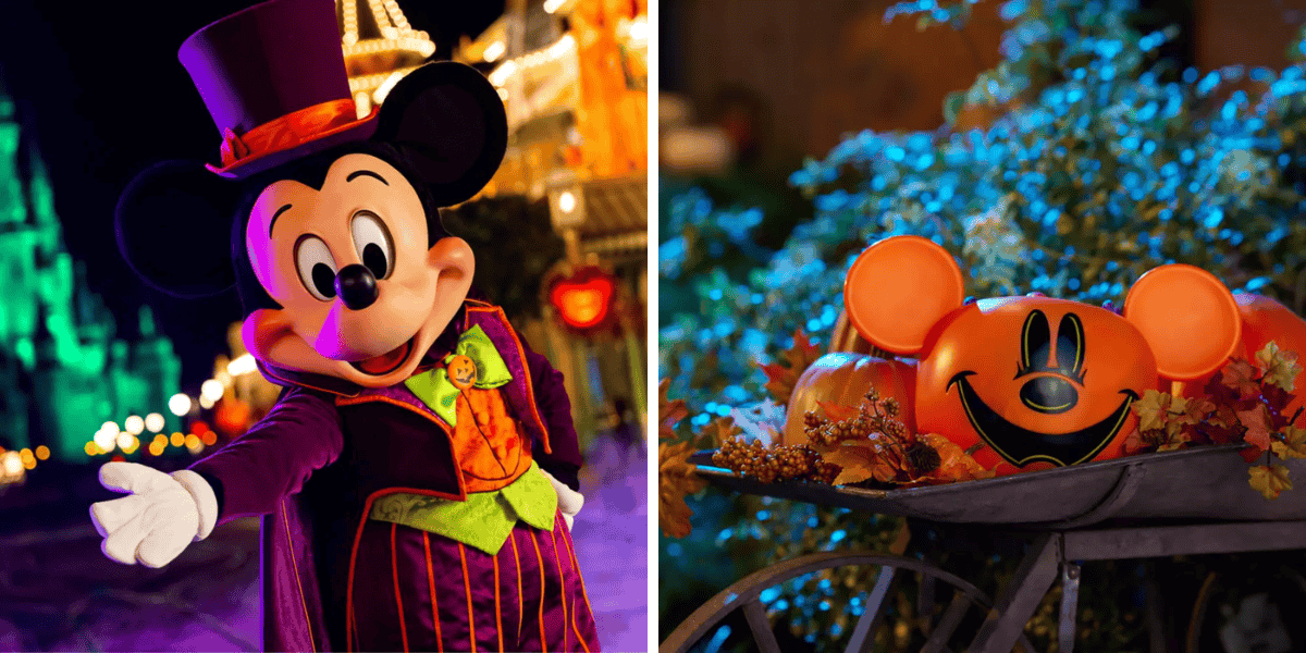 Two-part image: Left shows a costumed character resembling a mouse wearing a top hat and Halloween outfit in a brightly lit area; right shows a pumpkin carved with the same character's face, placed on a cart surrounded by fall foliage.