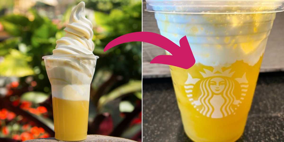 The image shows a comparison between a traditional Dole Whip soft serve in a clear cup and a Starbucks Dole Whip-inspired drink. The Dole Whip is on the left, while the yellow Starbucks beverage with foam is on the right, with an arrow pointing from the Dole Whip to the drink.