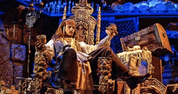 Pirates of the Caribbean Johnny Depp animatronic on a throne
