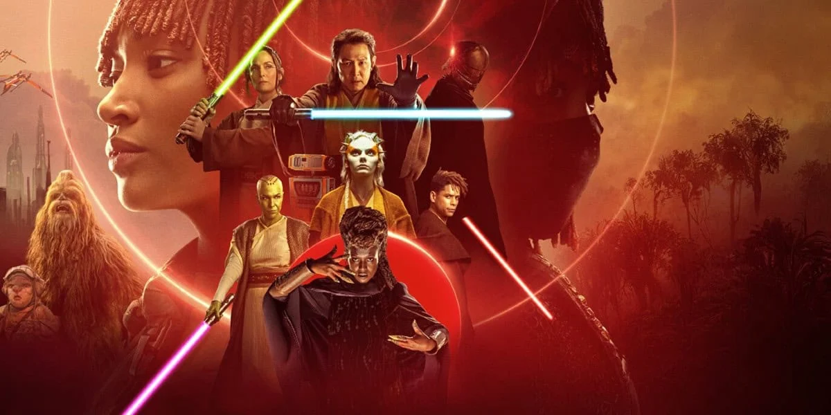 A Star Wars-themed movie poster featuring various characters wielding lightsabers. Two prominent characters face away from each other, their figures mirrored. Other characters, including a Wookiee, fan out around them against a sunrise or sunset backdrop.