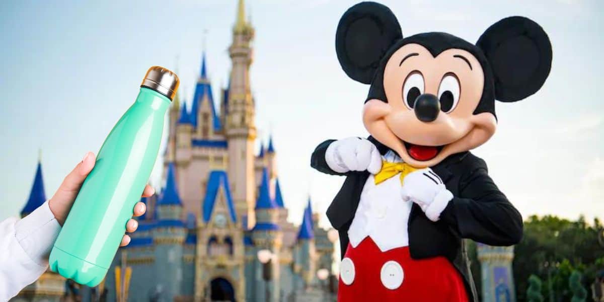 Mickey Mouse in front of Cinderella castle as a hand holds a water bottle