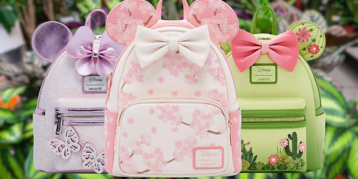 Three Disney-themed backpacks are displayed. The first is lavender with ears and a butterfly; the second is pink with floral designs and a large white bow; the third is green with flowers, a pink bow, and a cactus print. All backpacks have ear designs.