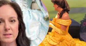 Left: A woman who played multiple Disney Princesses talks. Right: Belle sits on the floor at Walt Disney World.