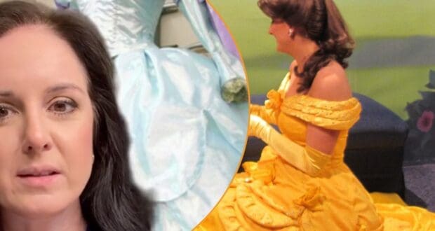 Left: A woman who played multiple Disney Princesses talks. Right: Belle sits on the floor at Walt Disney World.