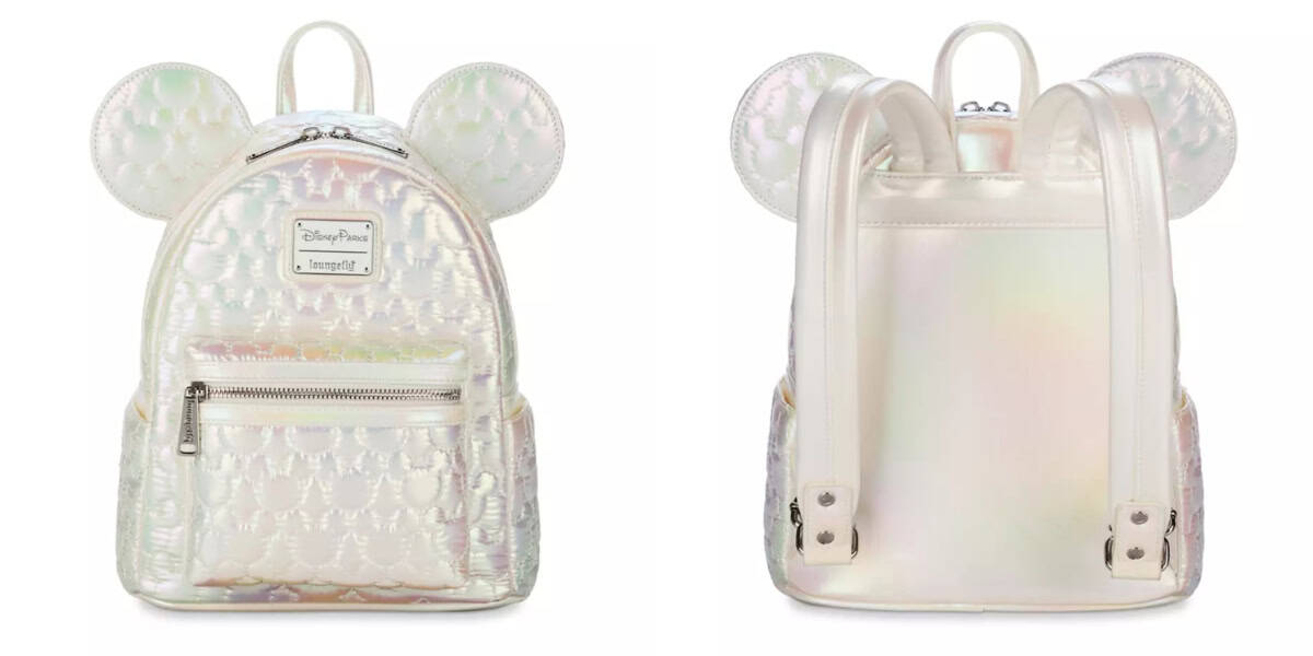 A shiny, iridescent backpack with quilted Mickey Mouse ear designs, shown from the front and back. The front features a zippered pocket and a label with text. The backpack straps and side are smooth and reflective.