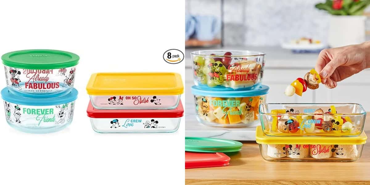 The image features Pyrex glass storage containers decorated with Disney characters. On the left, four containers with colorful lids are stacked, and on the right, a person adds fruit to a larger container with a yellow lid in a kitchen setting.