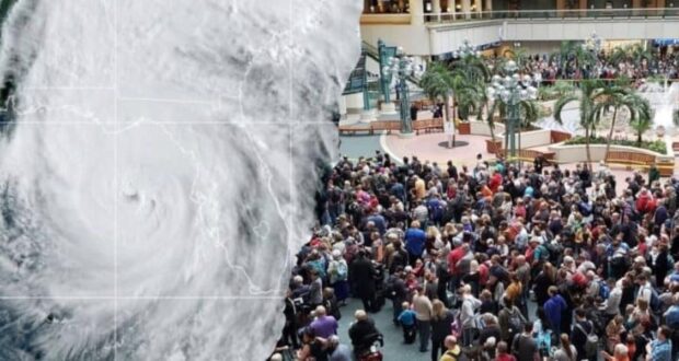 A split image showing a satellite view of a hurricane on the left and a crowded indoor space with people on the right. The juxtaposition highlights the emergency and evacuation scenario.