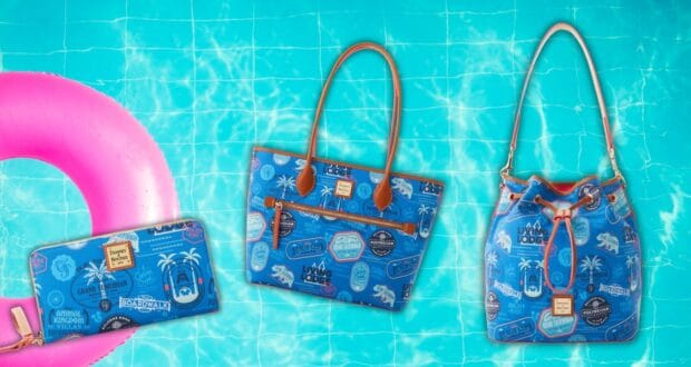 A trio of blue-themed bags and a wallet with travel-related designs are arranged on a vibrant, water-like background. A pink inflatable ring is partially visible on the left, suggesting a poolside or beach setting.
